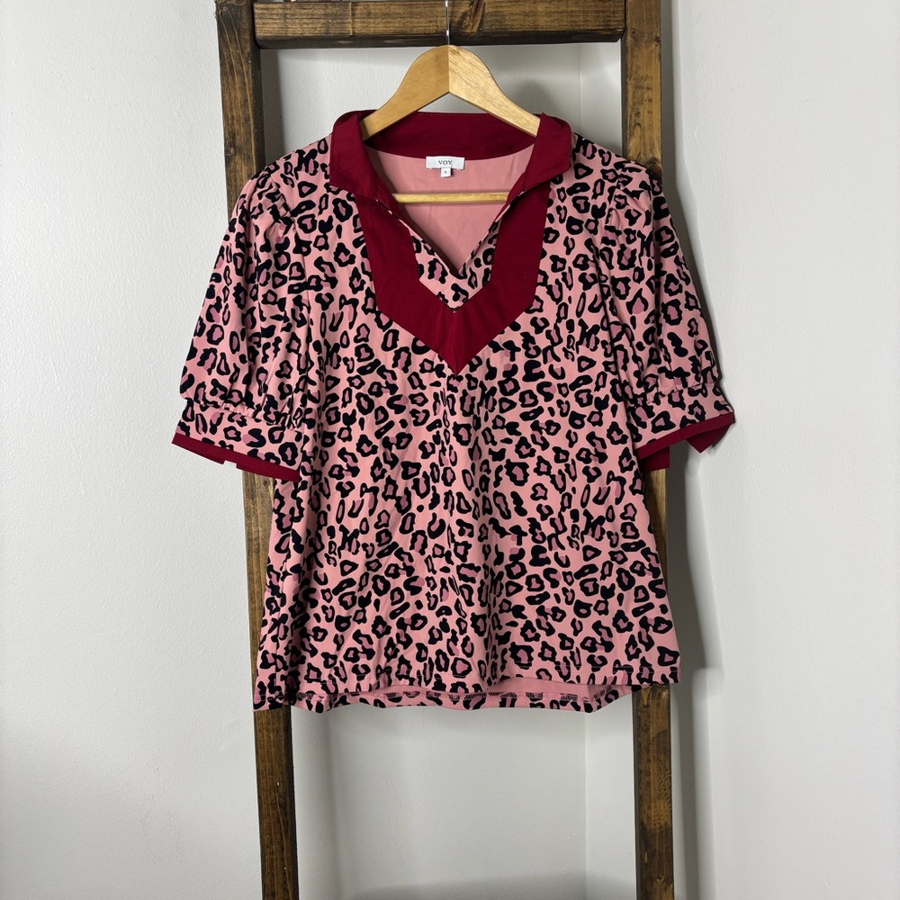 VOY Pink Leopard Print Top with Red Accents S